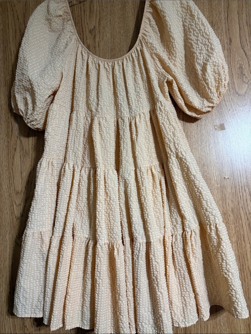 Peach Textured Puff Sleeve Tiered Mini Dress